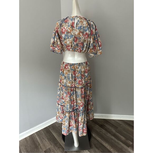 NWT En Saison Floral Cutout Puff Sleeve Soleil Midi Dress Multicolor Medium $145 - Picture 8 of 11